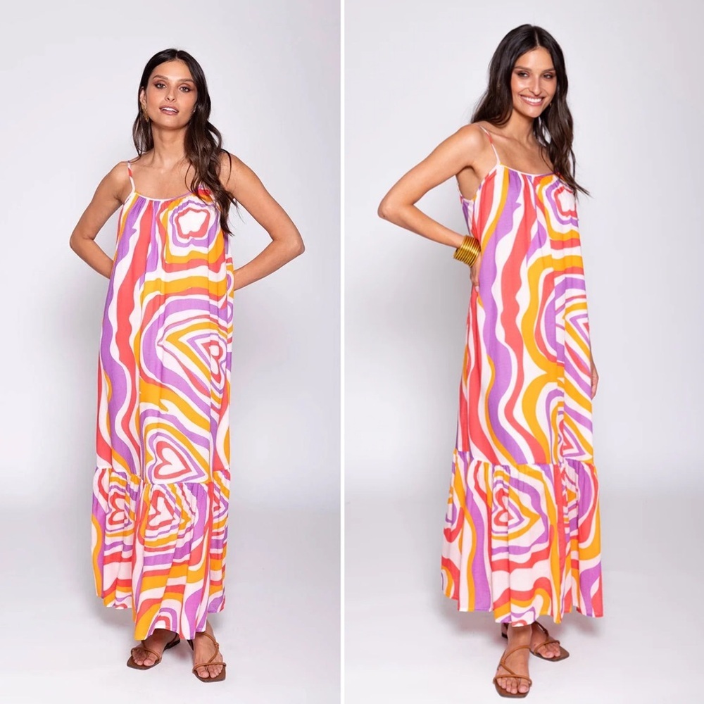 Sundress || Clea Dress Maxi Scoop Back Heart Pattern Pink Orange XS/S - Picture 1 of 9